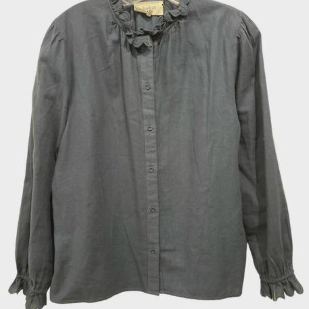 Ba&sh Size 1/S Navy Blue Cotton Ruffle Collar Button Down Long Sleeve Top